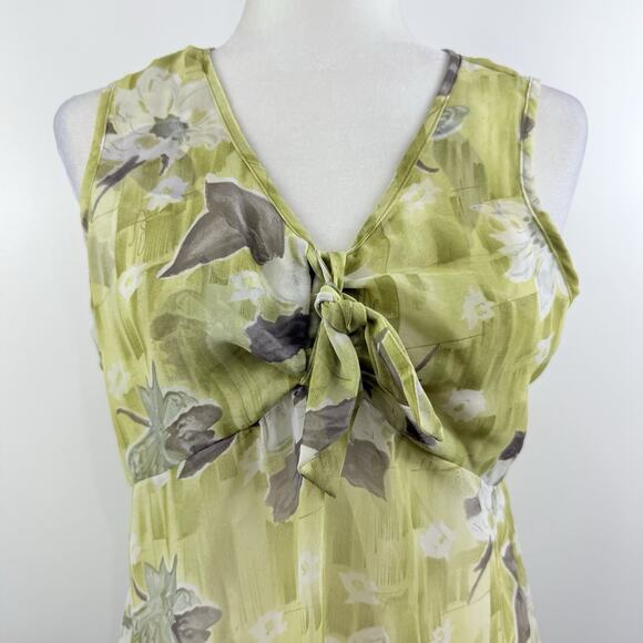Vintage Y2K First Time Green Floral Sleeveless Blouse Medium Sheer Tie Bodice - Picture 2 of 12